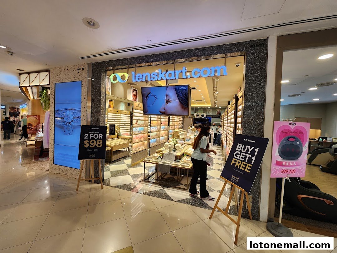 Lenskart store entrance with displays of eyeglasses and promotional signs.