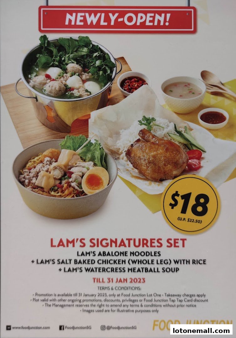 A promotional image showcasing a newly opened food set with noodles, chicken, and soup.
