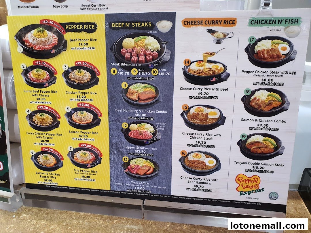 A menu board displaying various rice dishes, steaks, and combos with prices and images.
