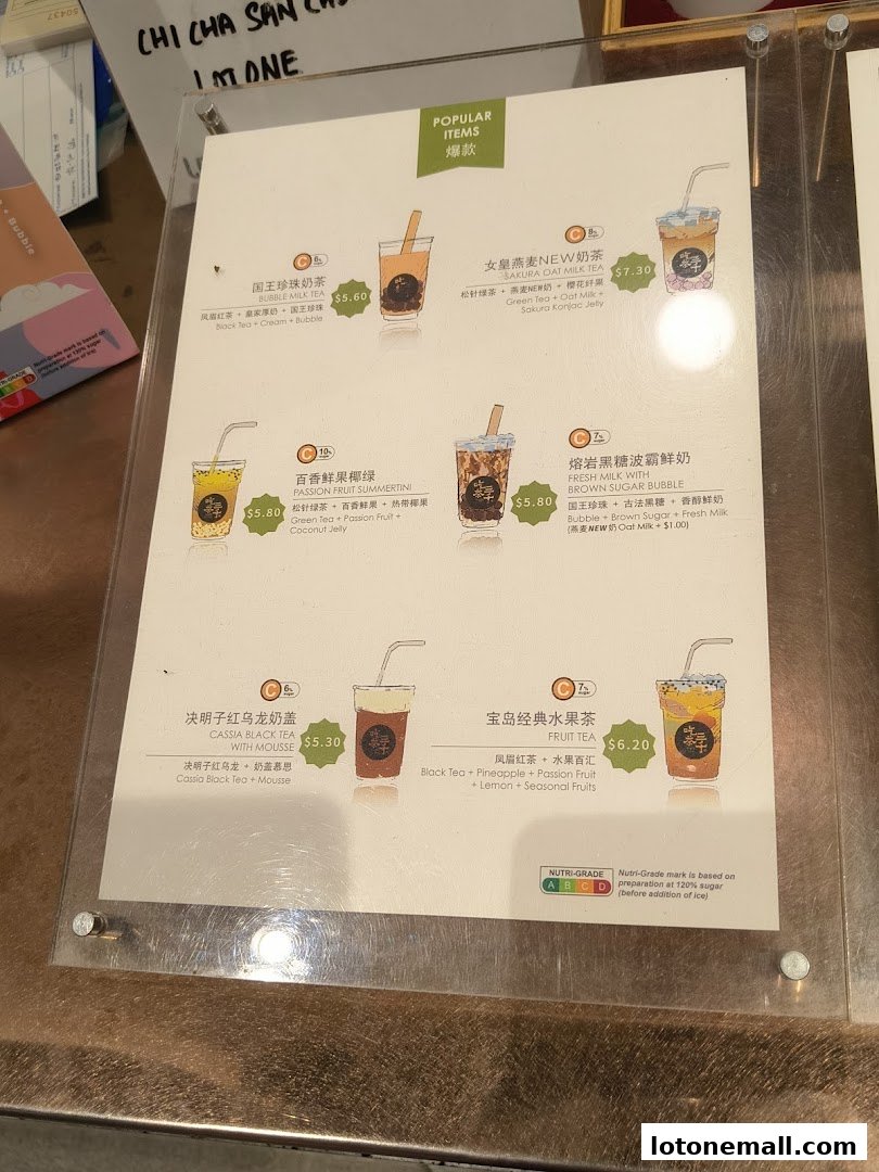 A menu board displaying popular bubble tea drinks with prices and descriptions.