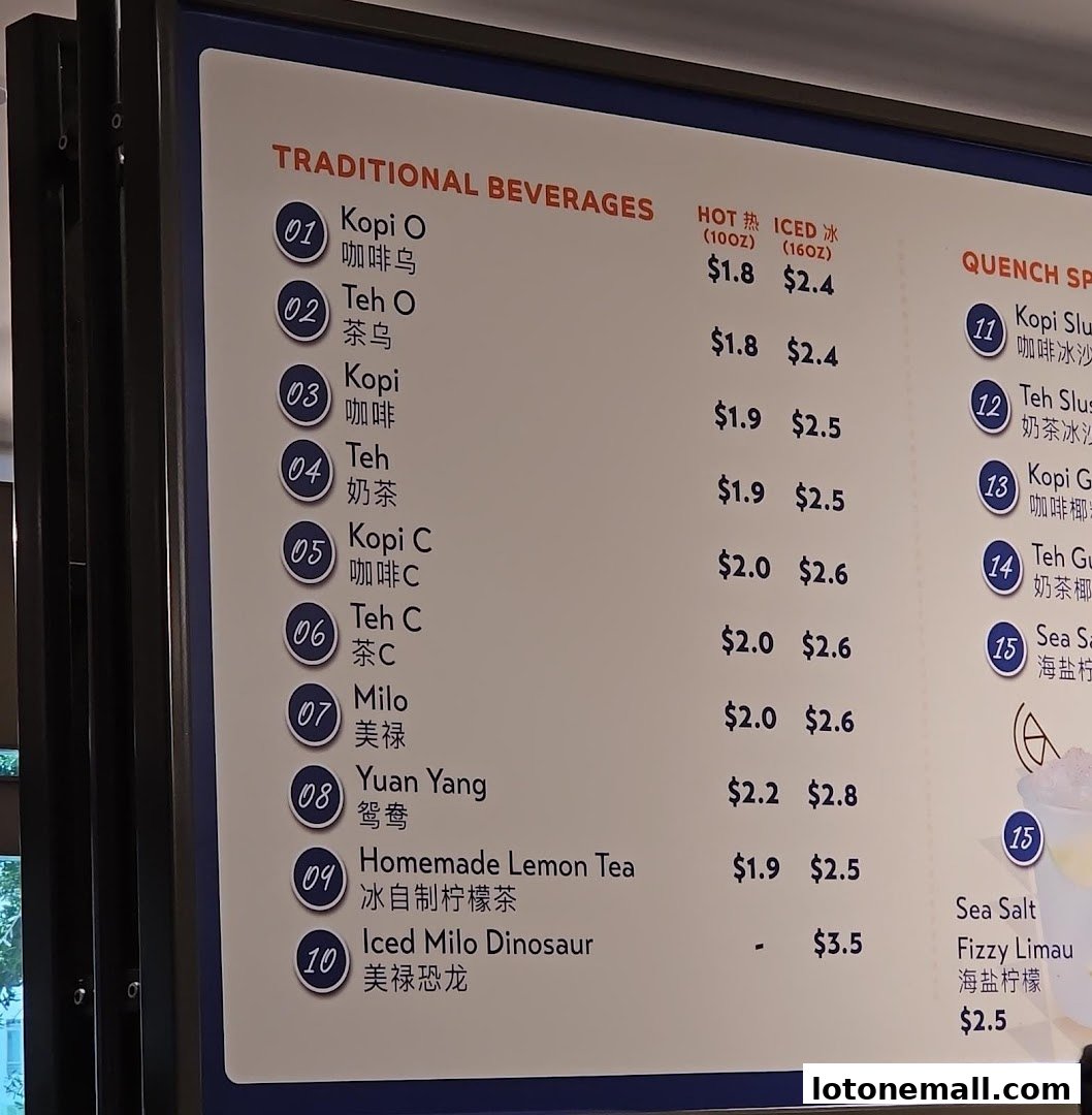 A menu board displaying traditional beverages and quench specials with prices.