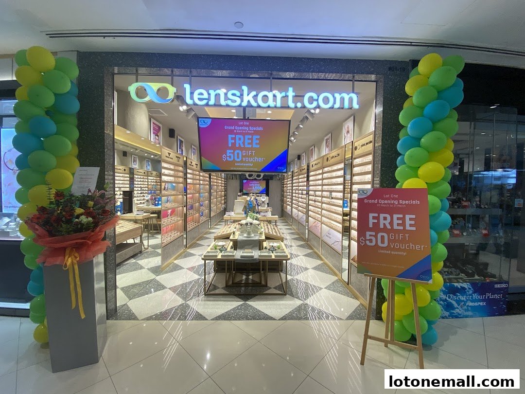 Lenskart store entrance decorated with balloons, featuring a grand opening special offer.