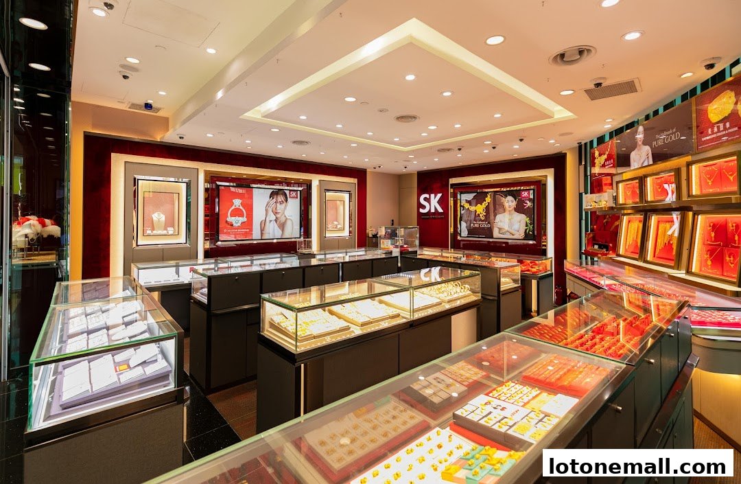 Interior view of a well-lit jewelry store showcasing display cases filled with gold and diamond jewelry.