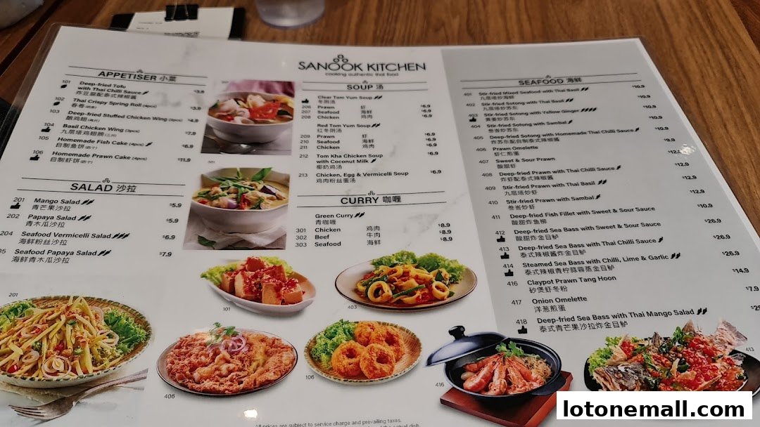 A menu from Sanook Kitchen featuring Thai dishes with images of various appetizers, salads, soups, curries, and seafood.