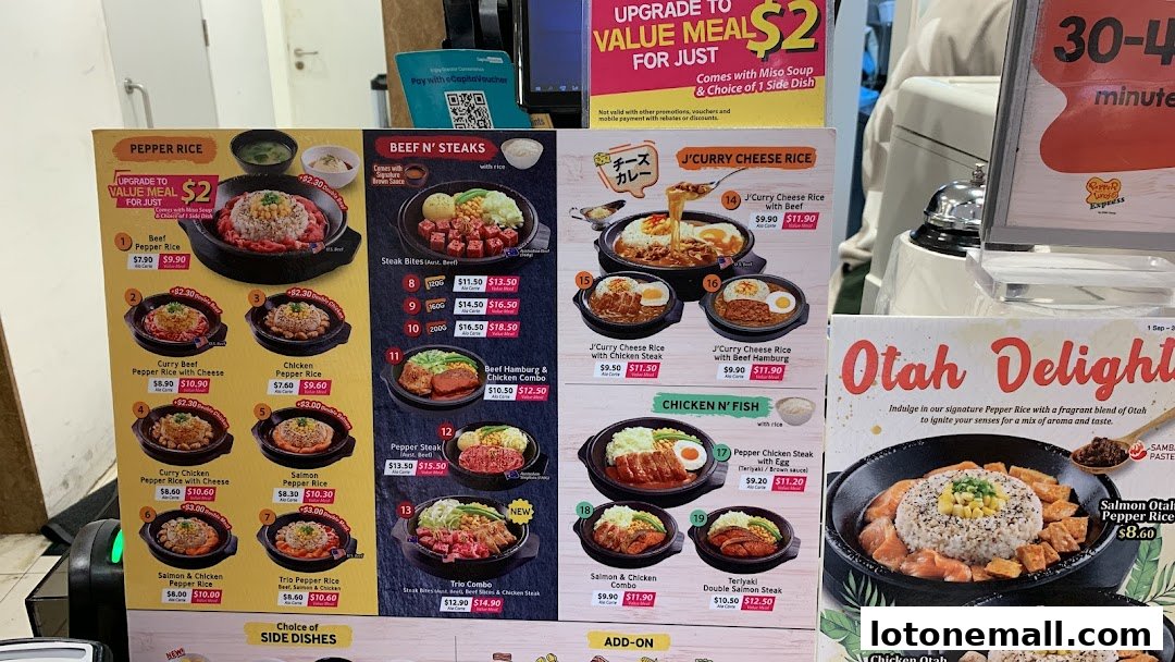 A menu board displaying various pepper rice dishes, steak options, and curry rice meals.