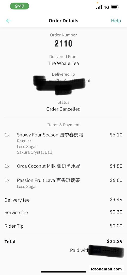 An order details screen showing a cancelled order from The Whale Tea with a list of drinks and prices.