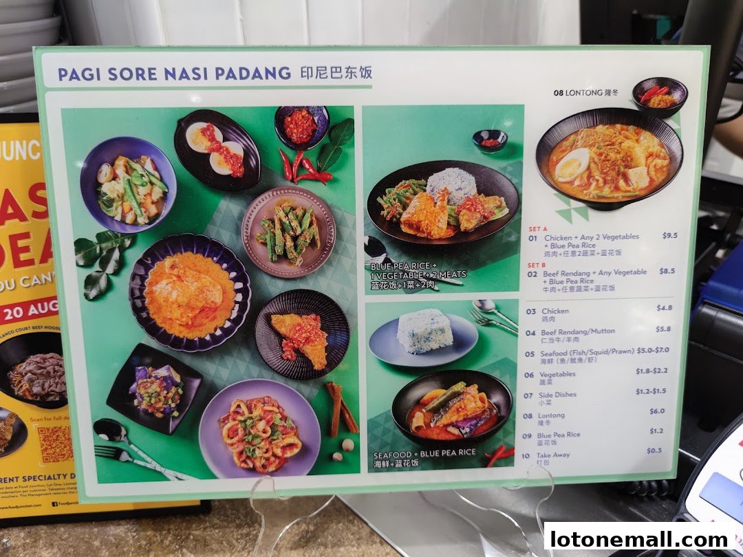 A menu board for Pagi Sore Nasi Padang featuring various dishes and set meals.