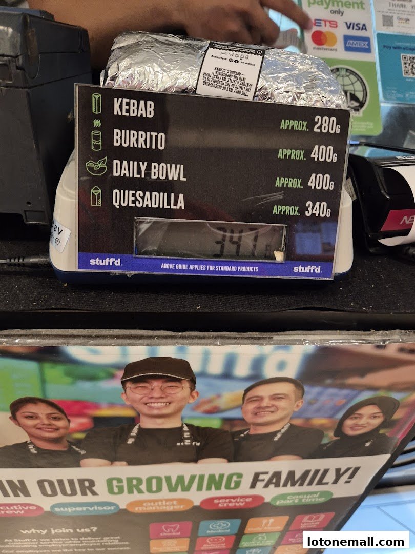 A sign listing food items and their approximate weights, with a recruitment poster below.