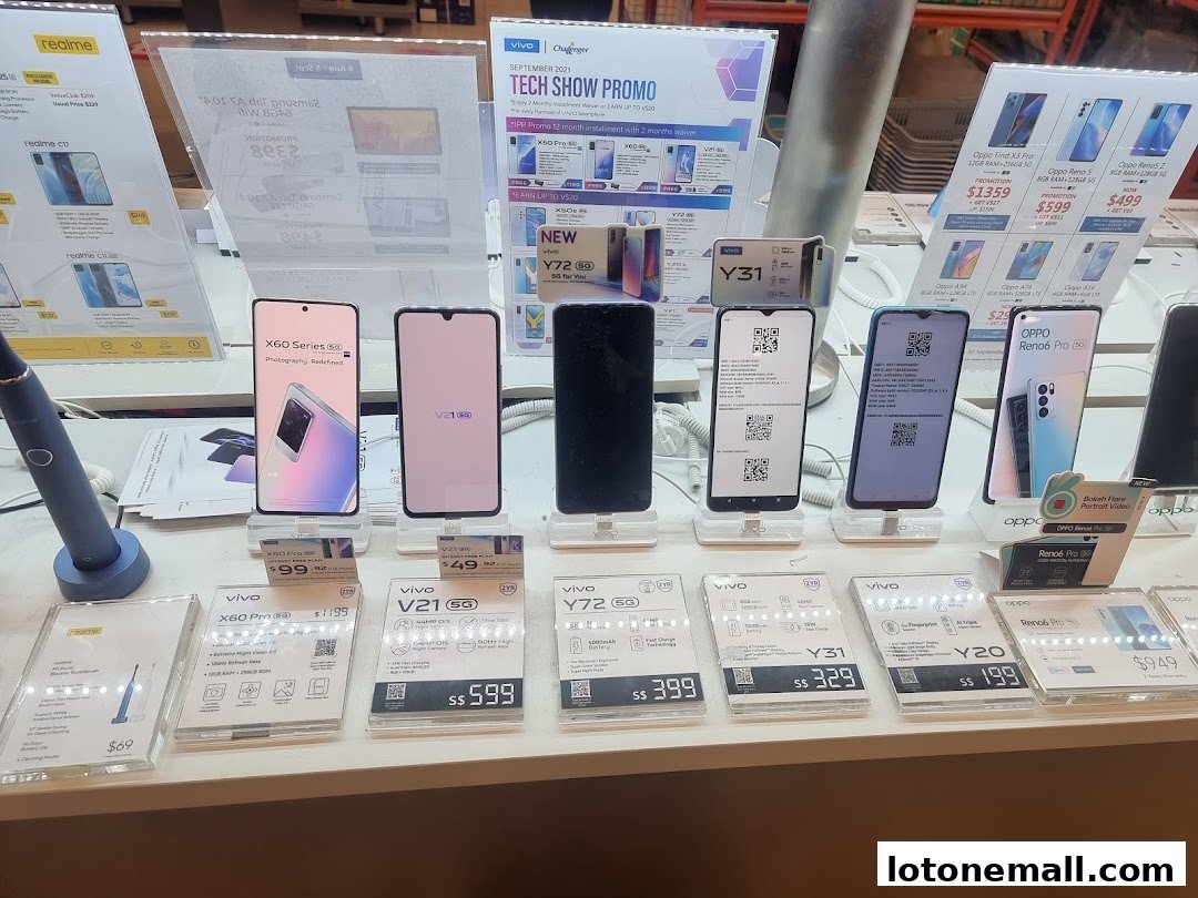 A display of various smartphones from brands like Vivo, Oppo, and Realme at a retail store.