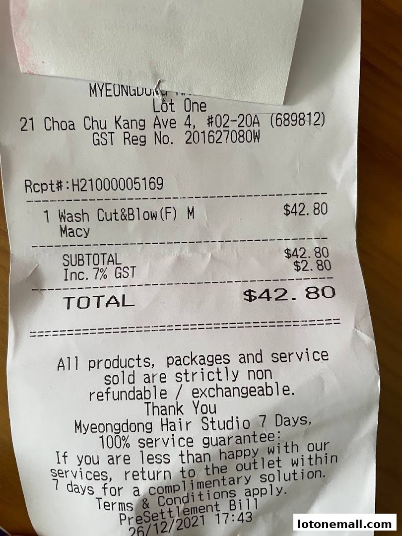A receipt from Myeongdong Hair Studio detailing a wash, cut, and blow service.