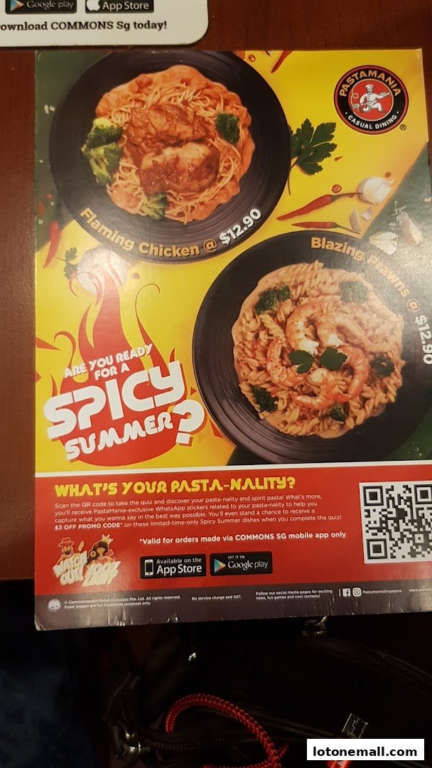 A promotional flyer for PastaMania featuring two spicy pasta dishes and a summer promotion.