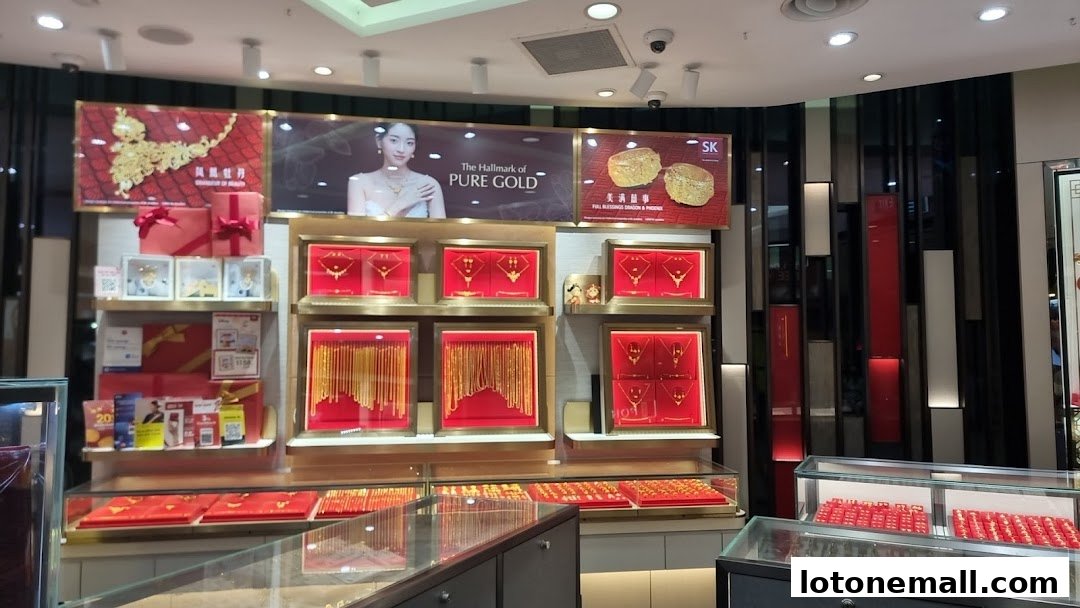 SK Jewellery Lot One shop interior showcasing various gold necklaces and jewelry on display.
