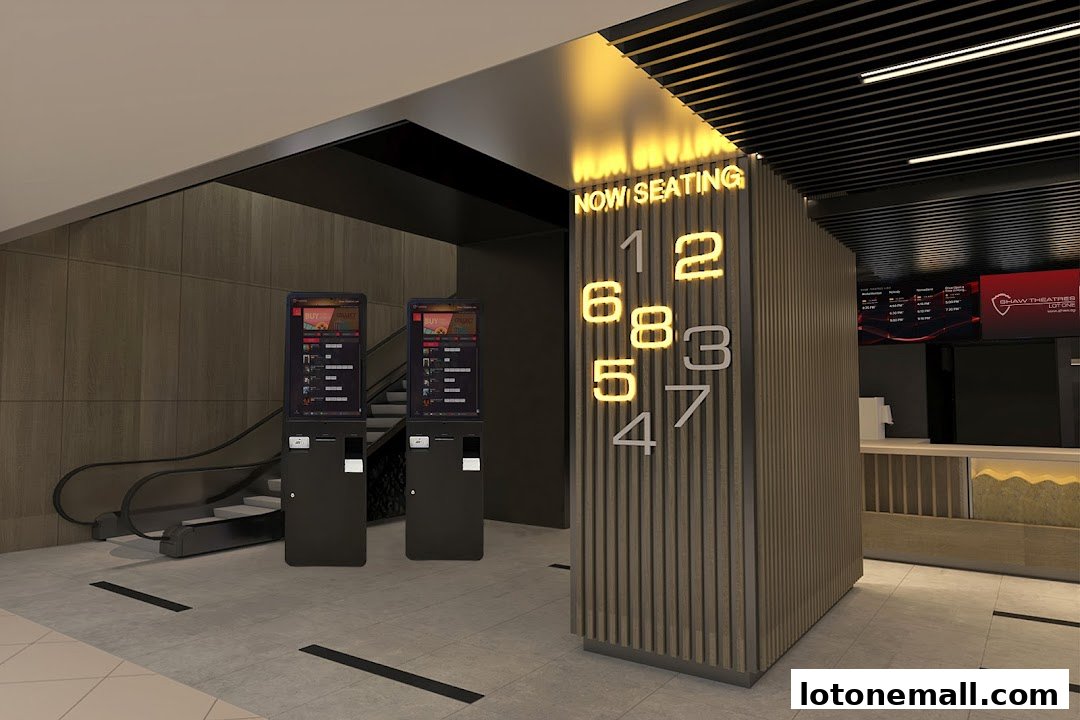 Modern cinema lobby with ticket kiosks, seating numbers, and a movie schedule display.