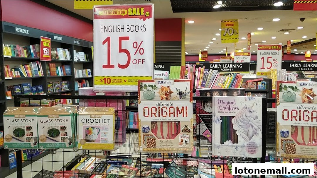 POPULAR Bookstore interior with shelves of books and craft kits on sale.