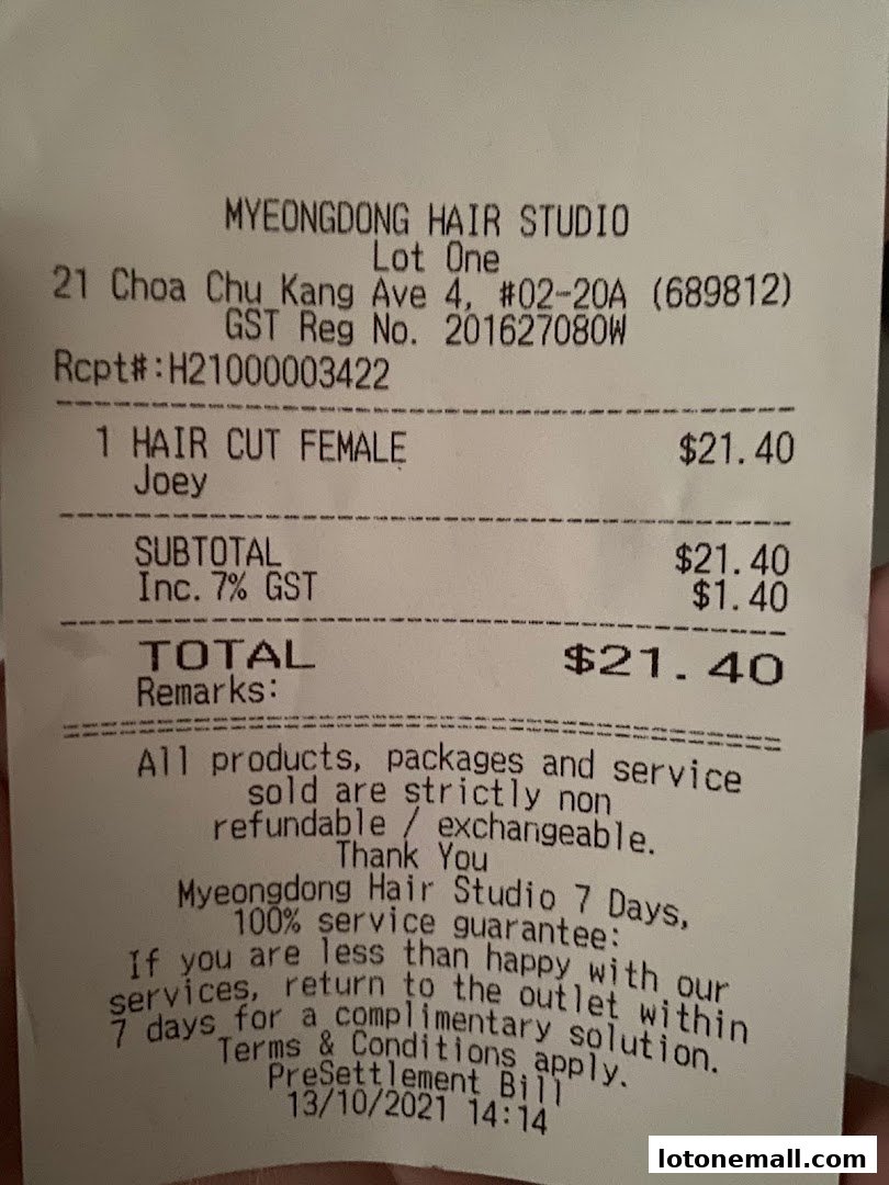 A receipt from Myeongdong Hair Studio detailing a female hair cut service.