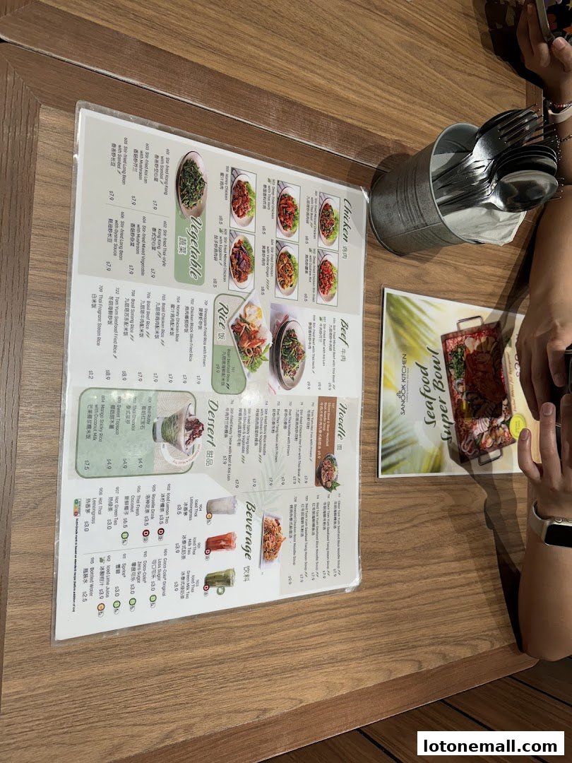 A menu from Sanook Kitchen with categories like Vegetable, Chicken, Beef, Noodle, Dessert, and Beverage.