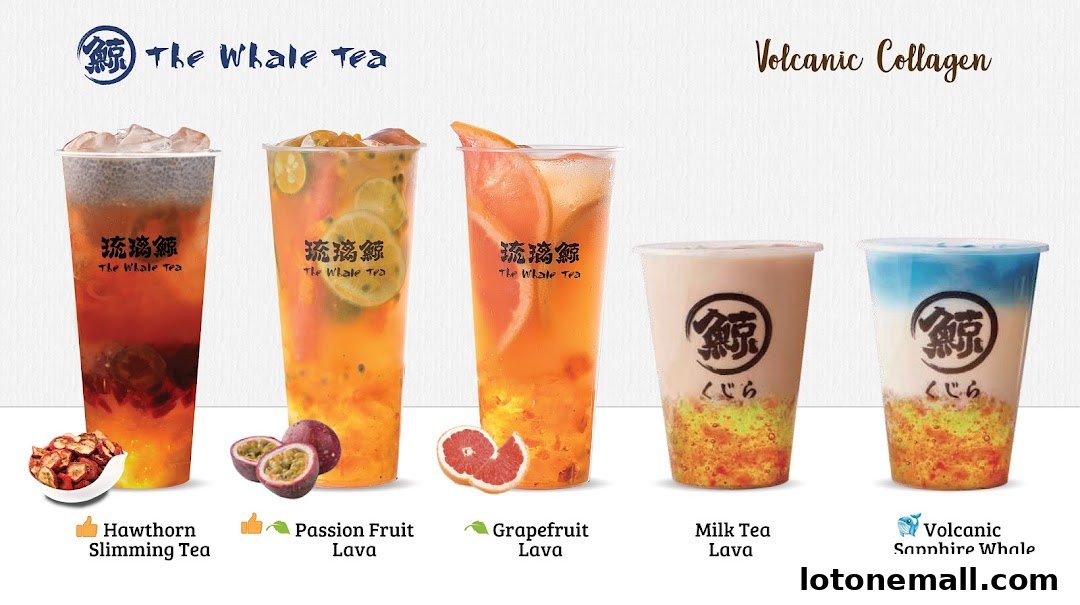 A display of five colorful beverages from The Whale Tea, showcasing different flavors and ingredients.