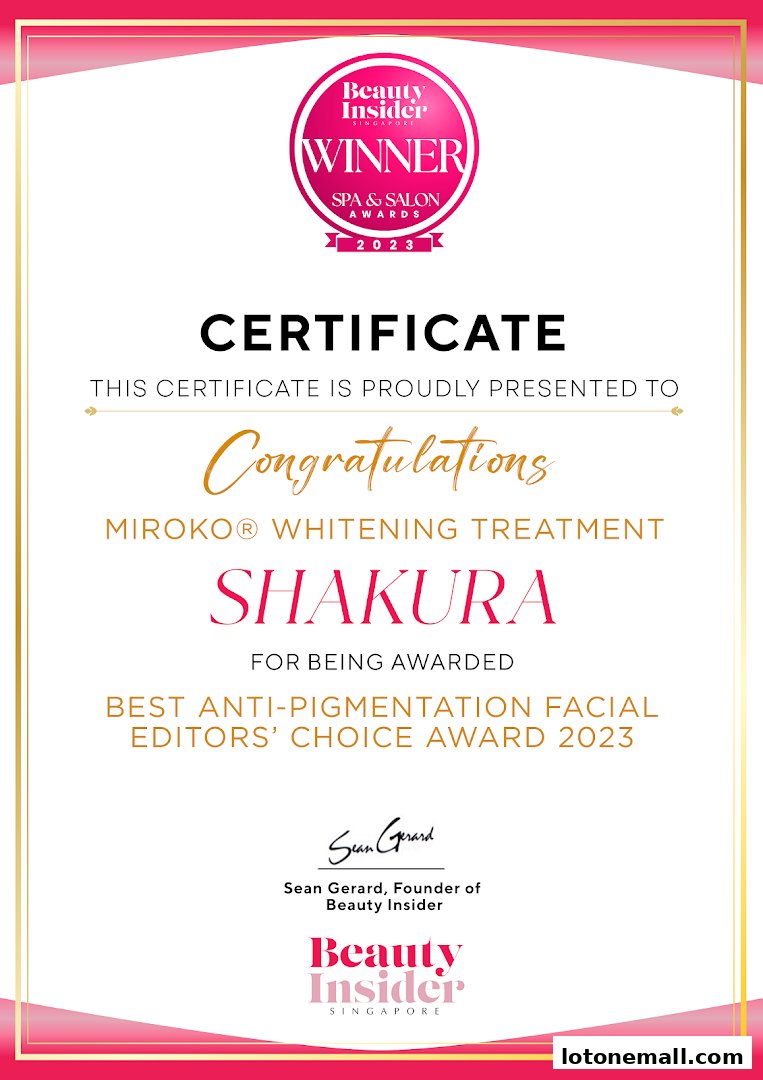 Certificate awarded to Shakura for Best Anti-Pigmentation Facial Editors' Choice Award 2023.