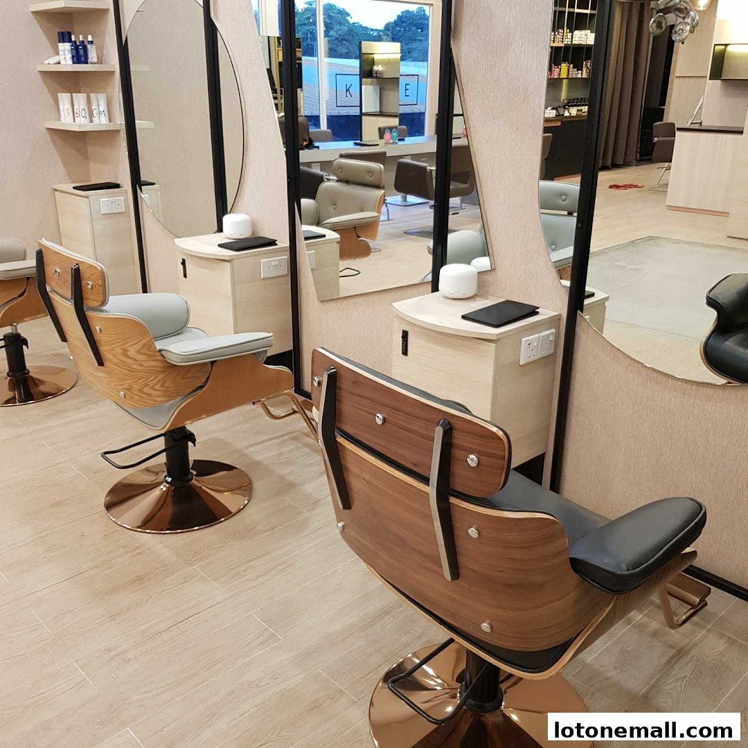 Interior view of a modern hair salon with stylish chairs and mirrors.