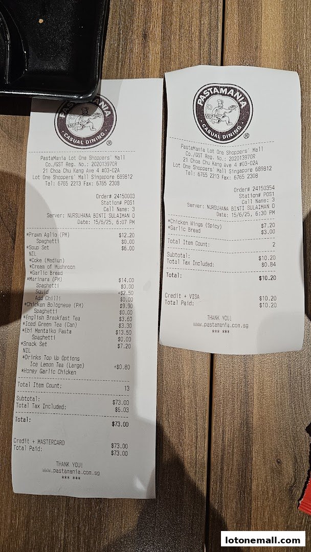 Two receipts from PastaMania showing various Italian dishes and drinks ordered.
