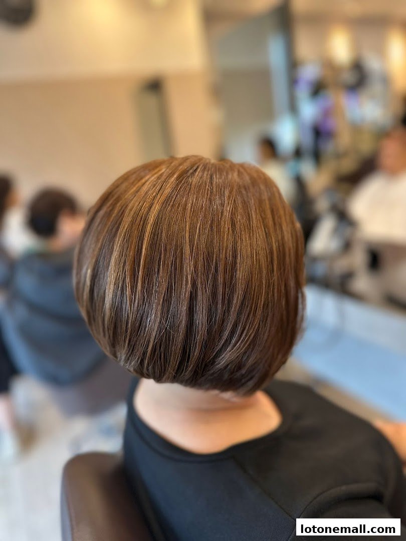 A person with a stylish bob haircut with highlights sits in a salon chair.