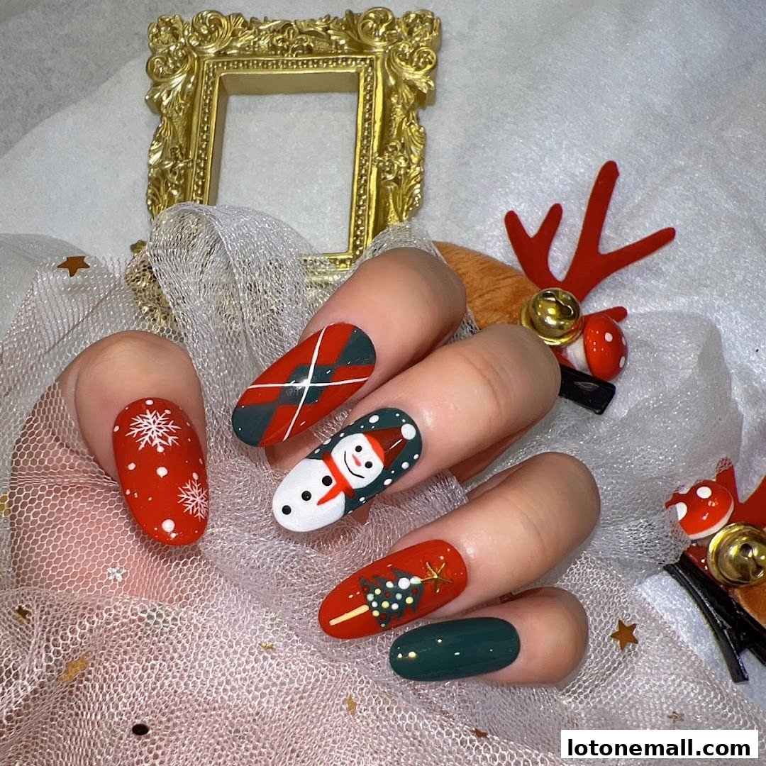 A close-up of hands with festive Christmas-themed nail art, including snowflakes, a snowman, and a Christmas tree.