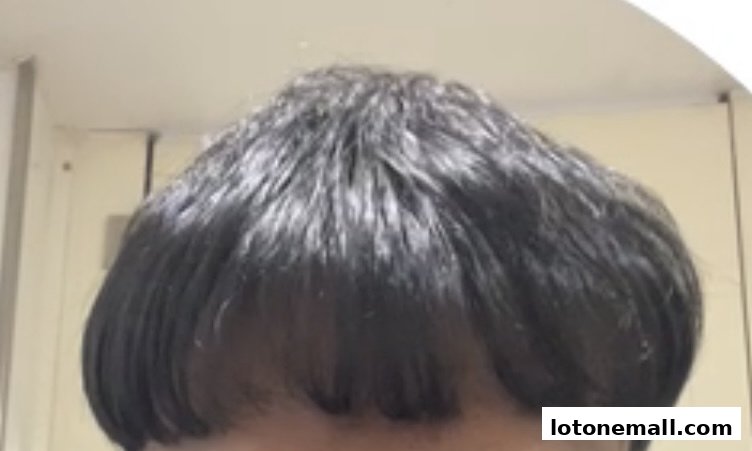 Close-up shot of a person's dark, styled hair with a bowl cut.