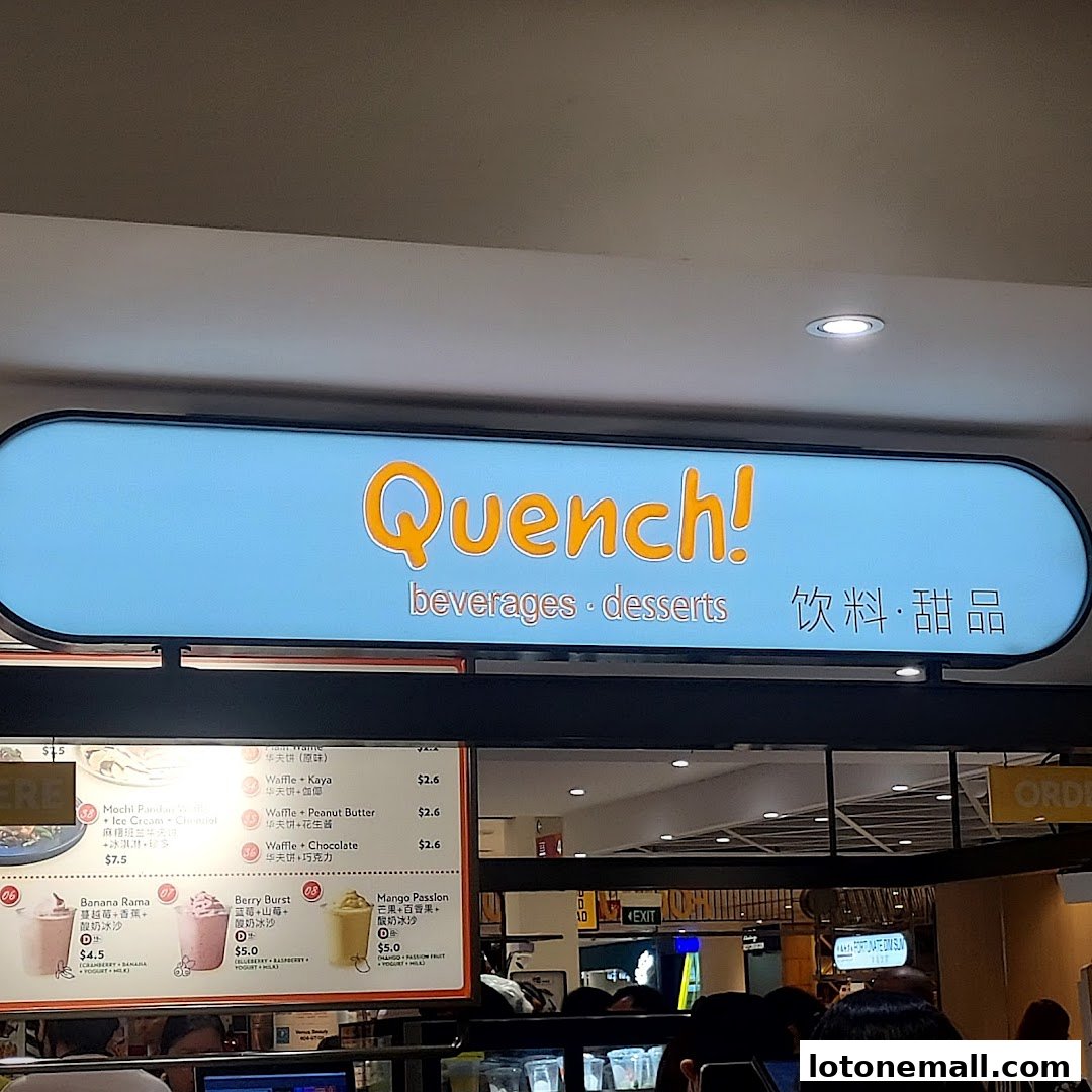 A sign for Quench! beverages and desserts with a menu board below.