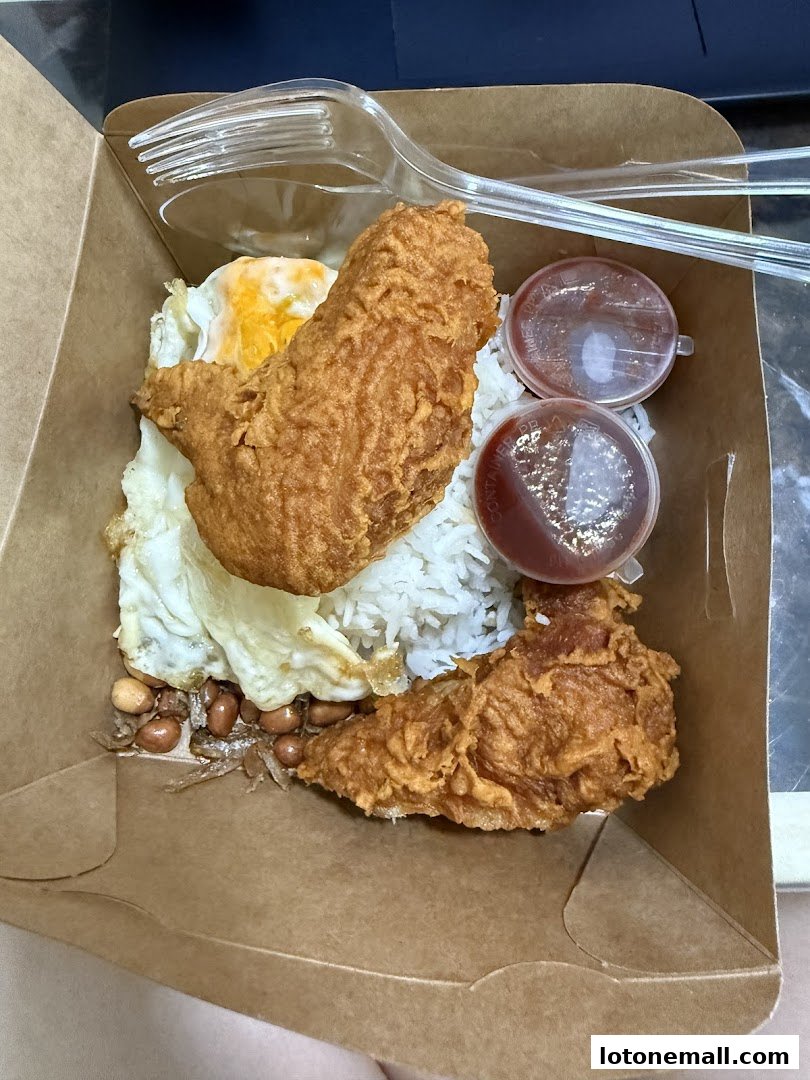 A takeaway box filled with Nasi Lemak, featuring fried chicken, egg, peanuts, and anchovies.