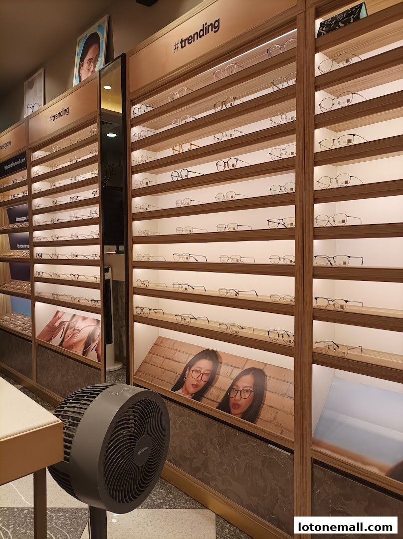Interior view of a Lenskart store showcasing a wide selection of trendy eyeglasses on display shelves.