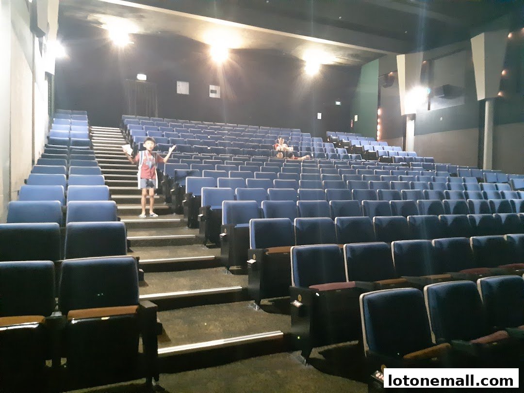 An empty cinema hall with rows of blue seats and a child standing on the stairs.