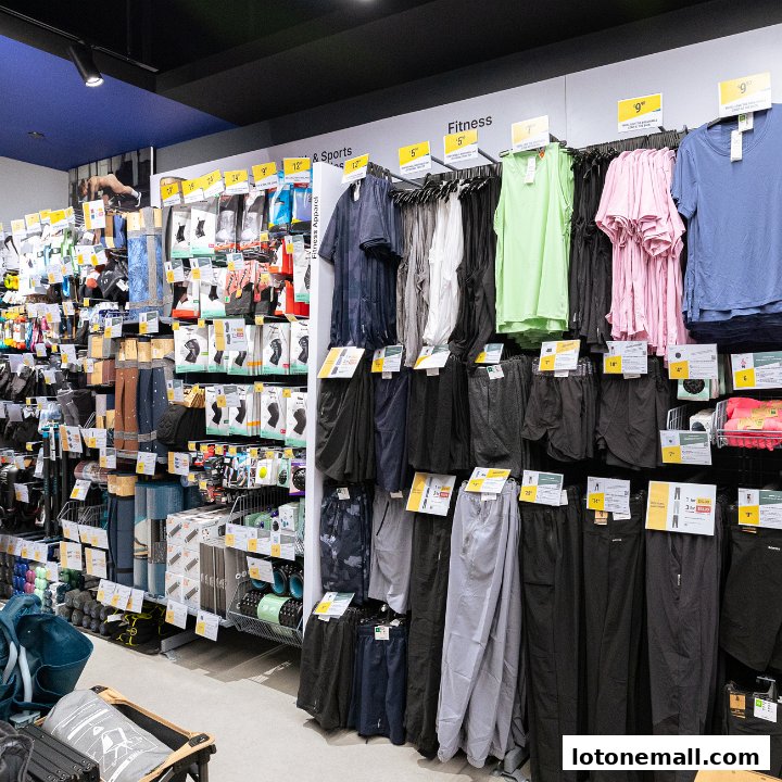 Interior view of a Decathlon store showcasing a wide range of fitness apparel and accessories.