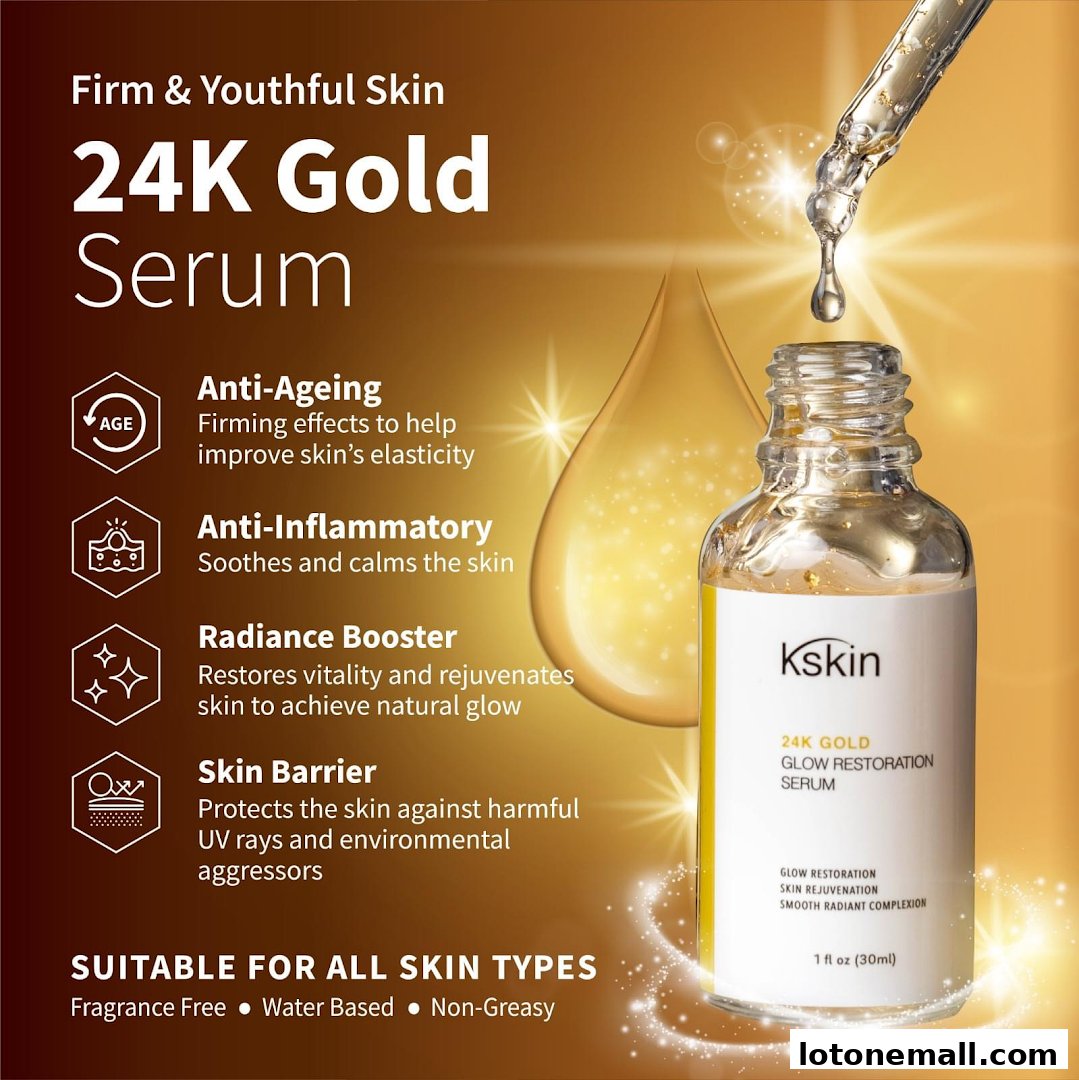 A bottle of Kskin 24K Gold Glow Restoration Serum with its benefits listed.
