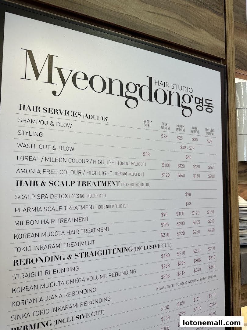 A price list for Myeongdong Hair Studio, detailing various hair services and treatments.