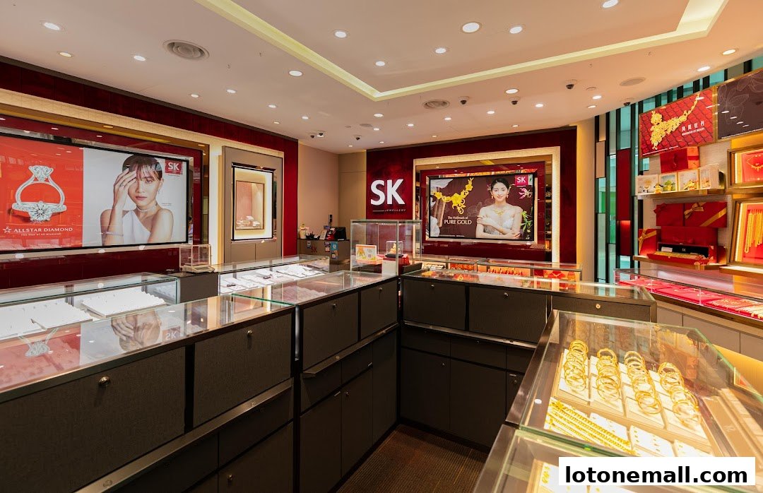 Interior view of a SK Jewellery store showcasing diamond rings and gold jewelry.