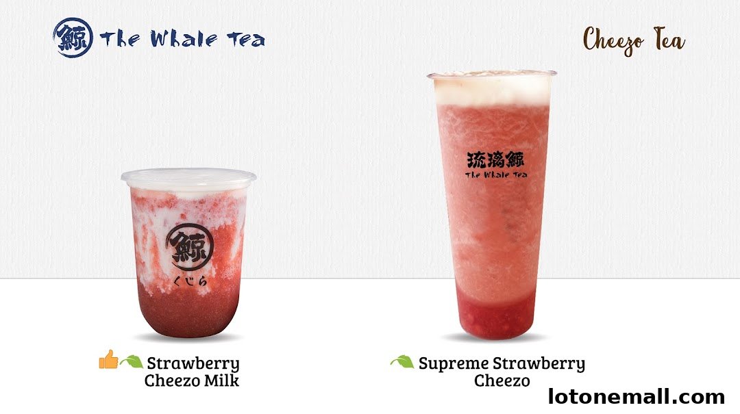 Two refreshing strawberry drinks from The Whale Tea, showcasing their signature Cheezo Tea.