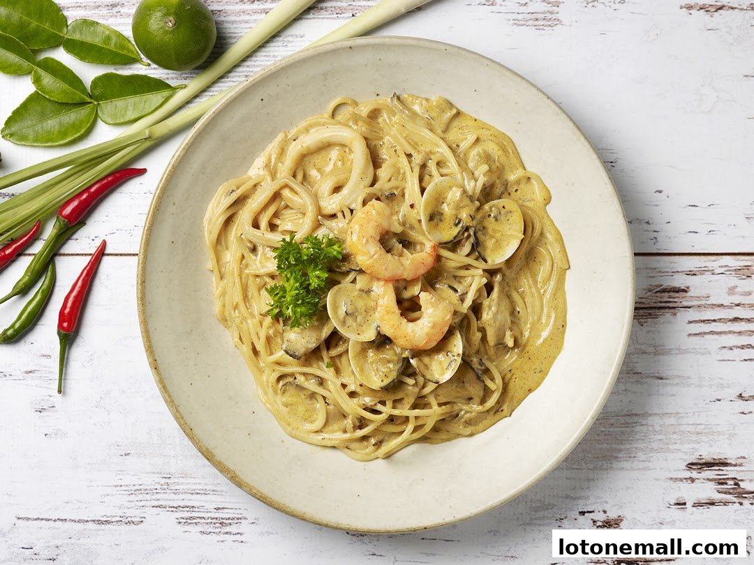 A creamy seafood pasta dish with shrimp, clams, and squid, garnished with parsley.
