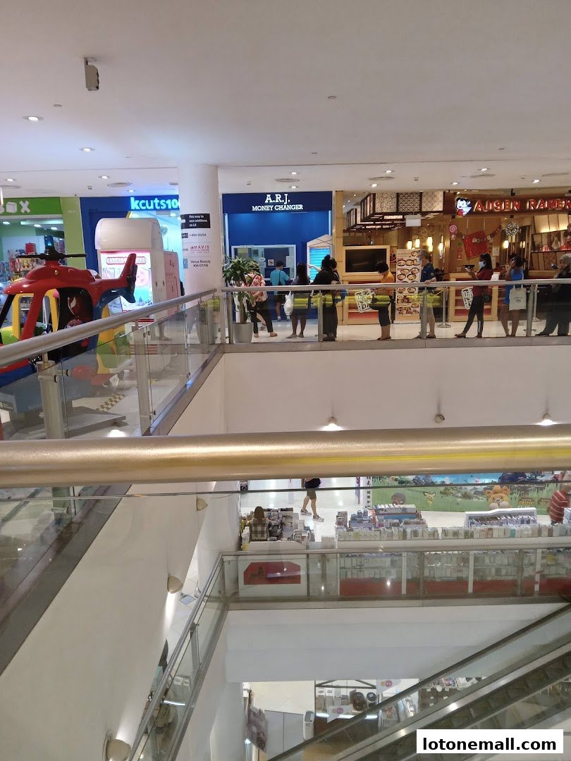 A view of a shopping mall interior with various shops and escalators.