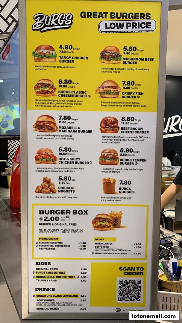 A menu board for 'BURGS' featuring various burgers, sides, and drinks with prices.