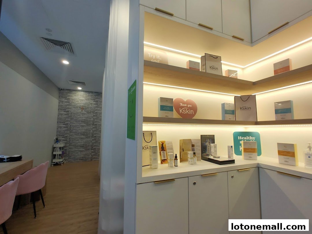 Interior view of a Kskin Korean Express Facial shop with products displayed on shelves.
