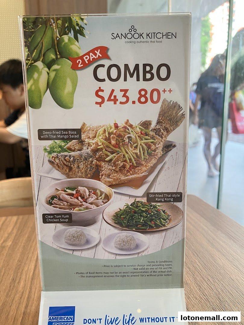A menu display for Sanook Kitchen's 2-person combo meal featuring Thai dishes.