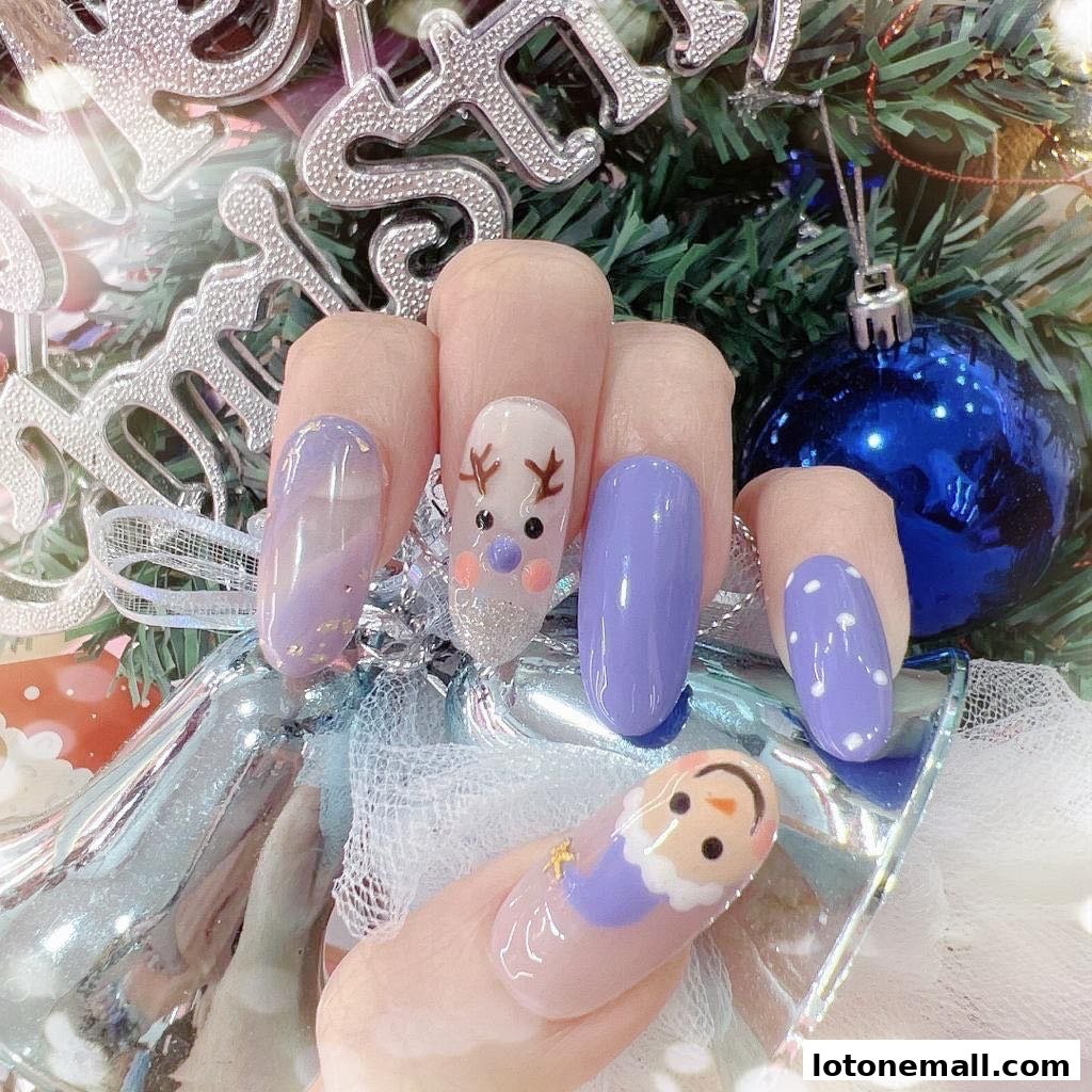 A close-up of festive Christmas-themed nails with reindeer and snowman designs.