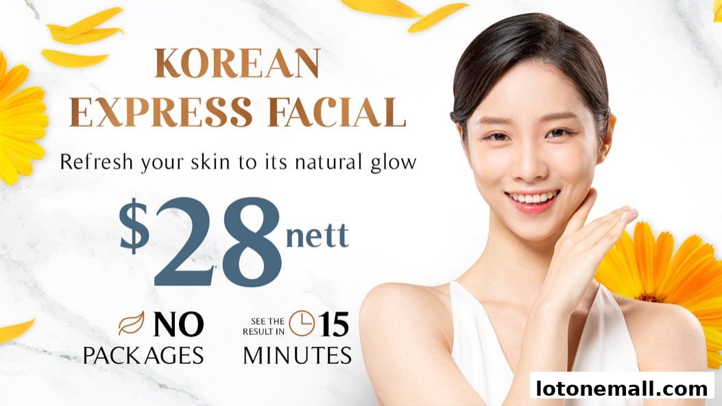 A woman with glowing skin is featured with text promoting a Korean Express Facial for $28.