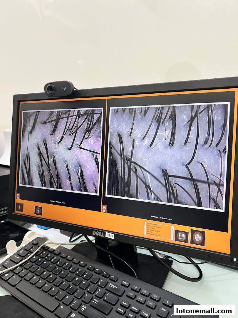 Computer monitor displaying magnified views of hair follicles and scalp conditions.