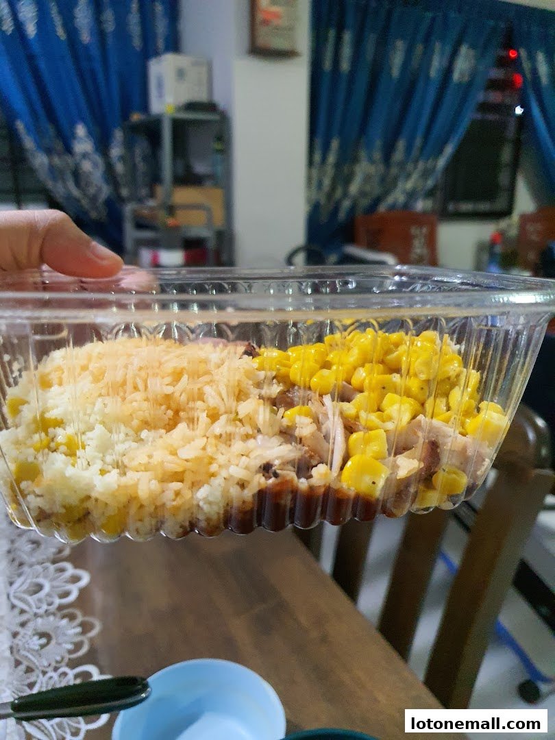 A hand holds a clear plastic container filled with rice, shredded chicken, and corn.