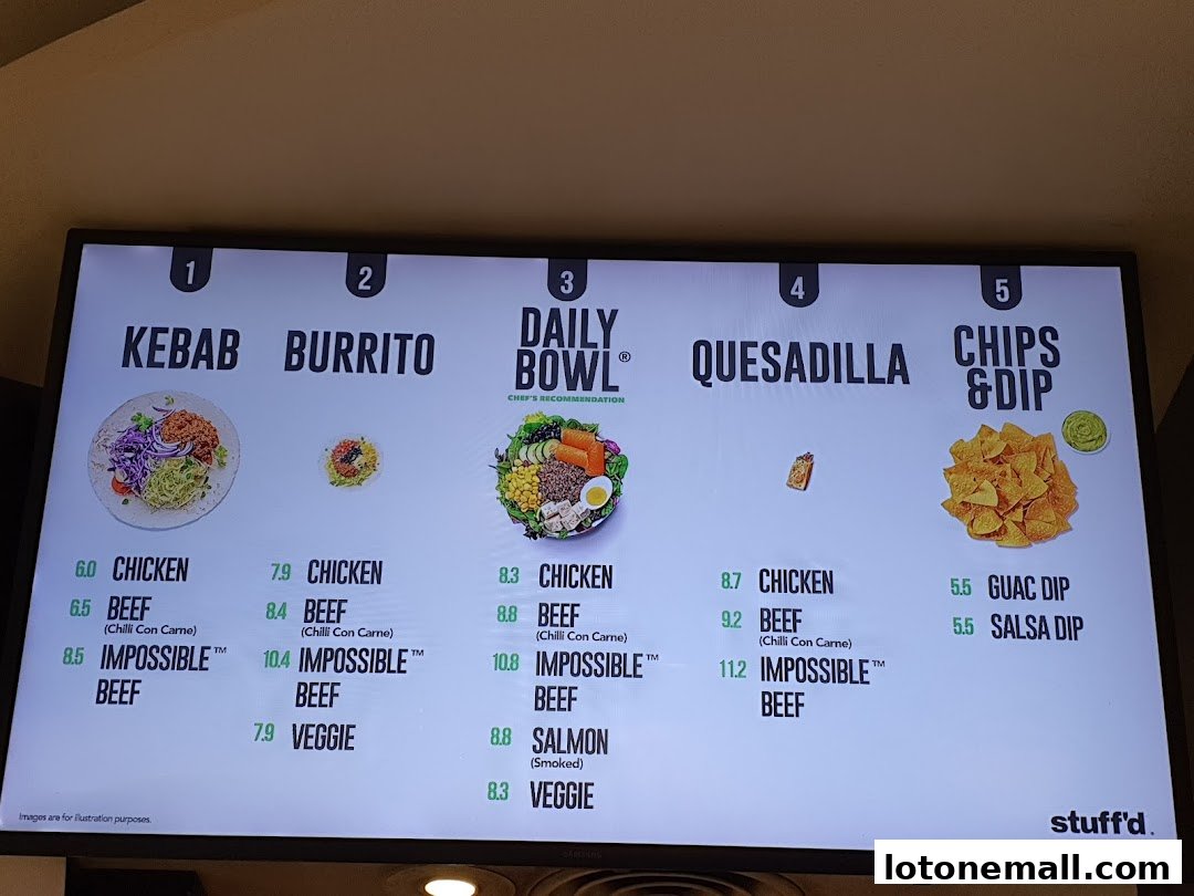 A digital menu board displaying various food options like kebabs, burritos, bowls, quesadillas, and chips with dips.
