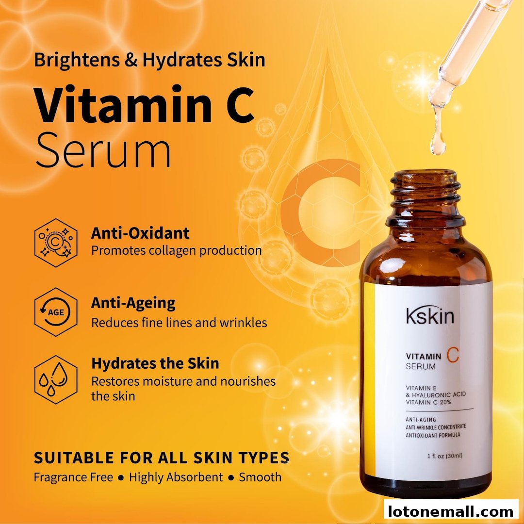 A bottle of Kskin Vitamin C Serum with benefits listed for skin.