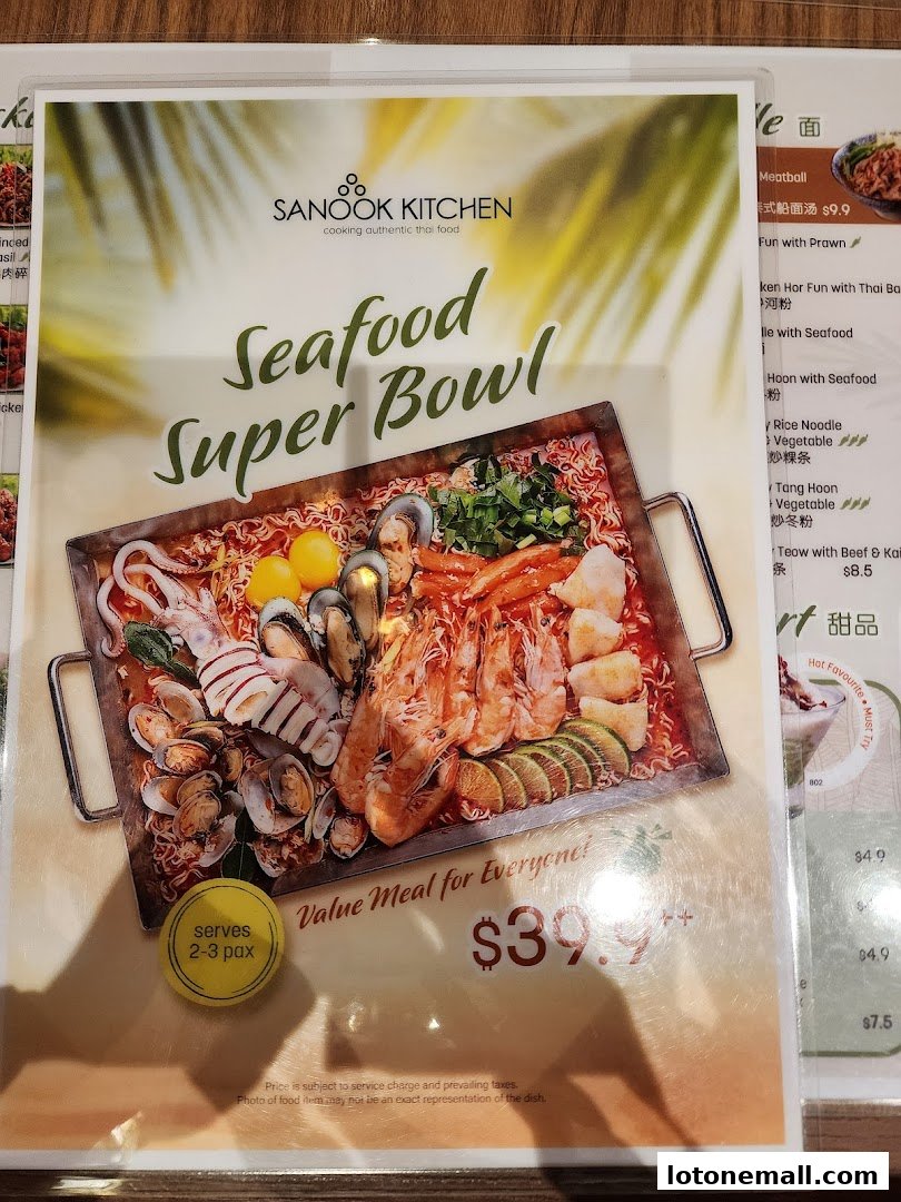 A menu featuring Sanook Kitchen's Seafood Super Bowl, a value meal for 2-3 people.