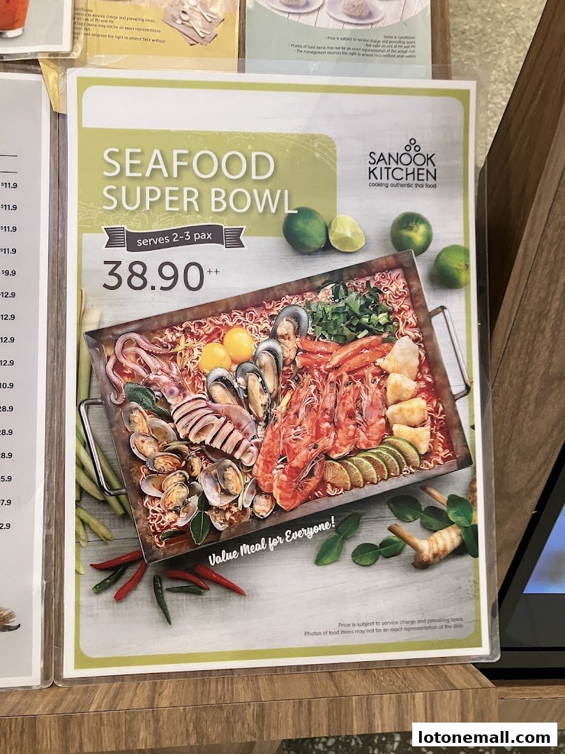 A menu featuring a 'Seafood Super Bowl' for 2-3 people at Sanook Kitchen.