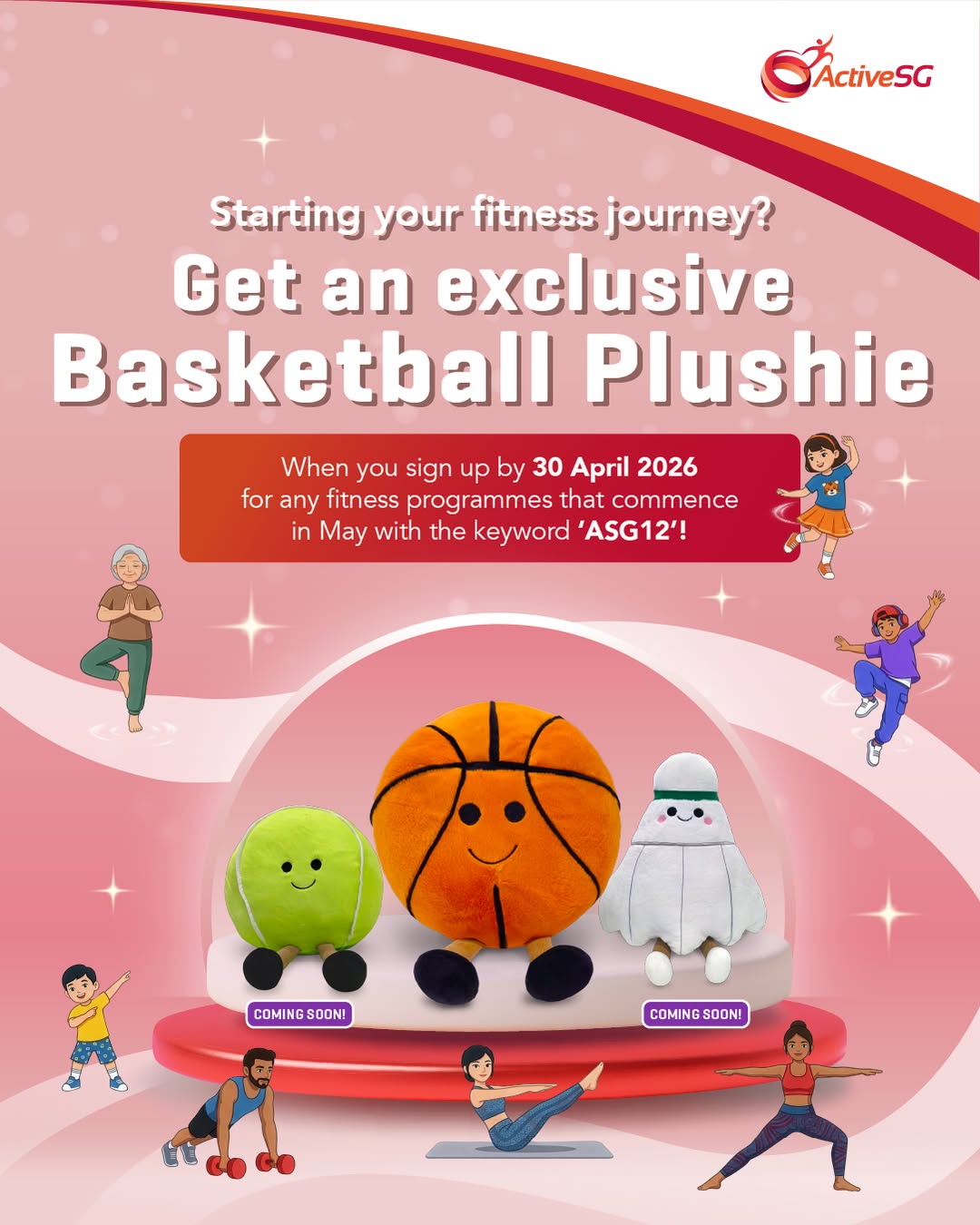 A cute basketball plushie mascot representing the ActiveSG fitness campaign